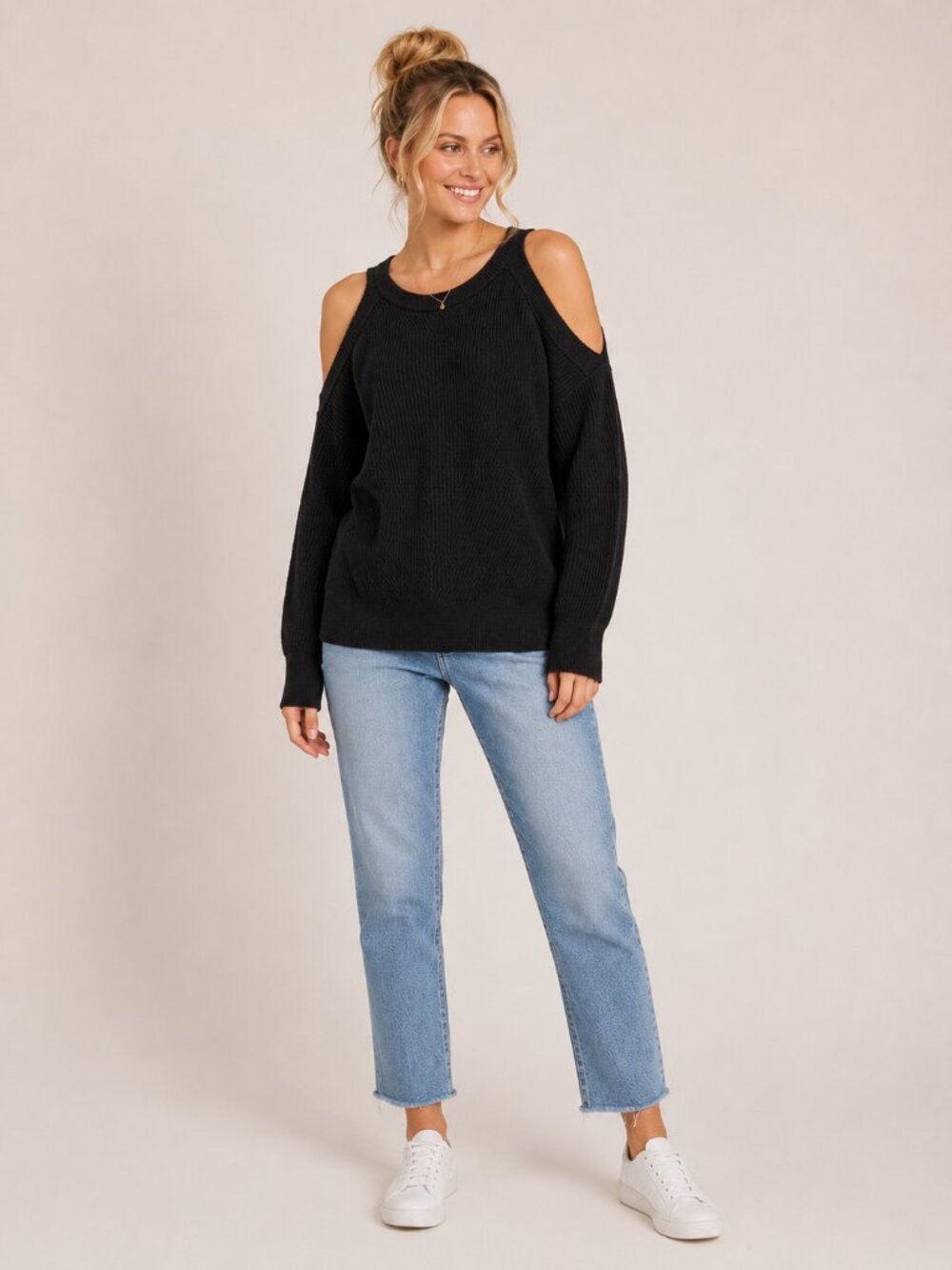 2/$30 Lucky Brand Ribbed Cold-Shoulder Sweater Black Medium #A2955